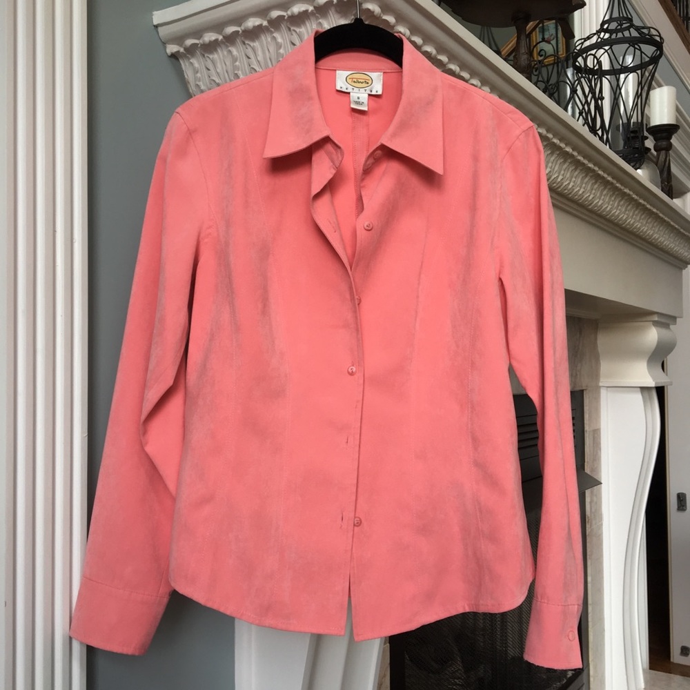 Sz S petite. Talbots thin micro suede pink blouse
